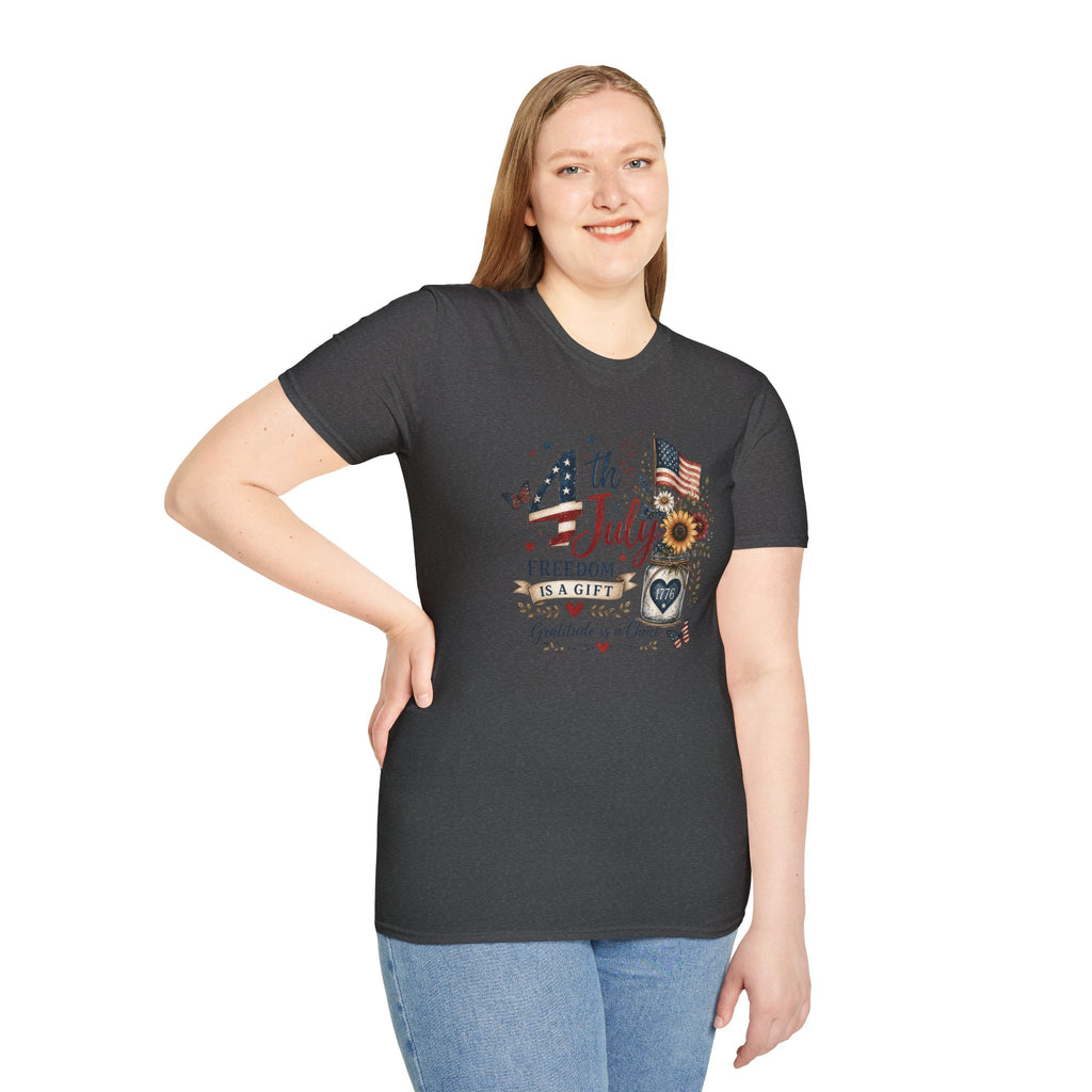 4th of July T-Shirt — "Freedom Is A Gift" Patriotic American Flag & Sunflower Tee