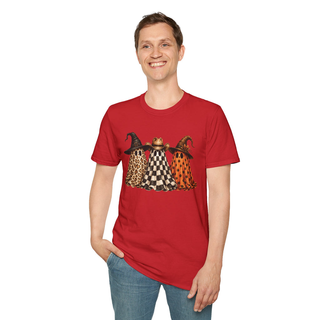 Halloween Ghost Trio T-Shirt — Leopard, Checker & Pumpkin Hat Design