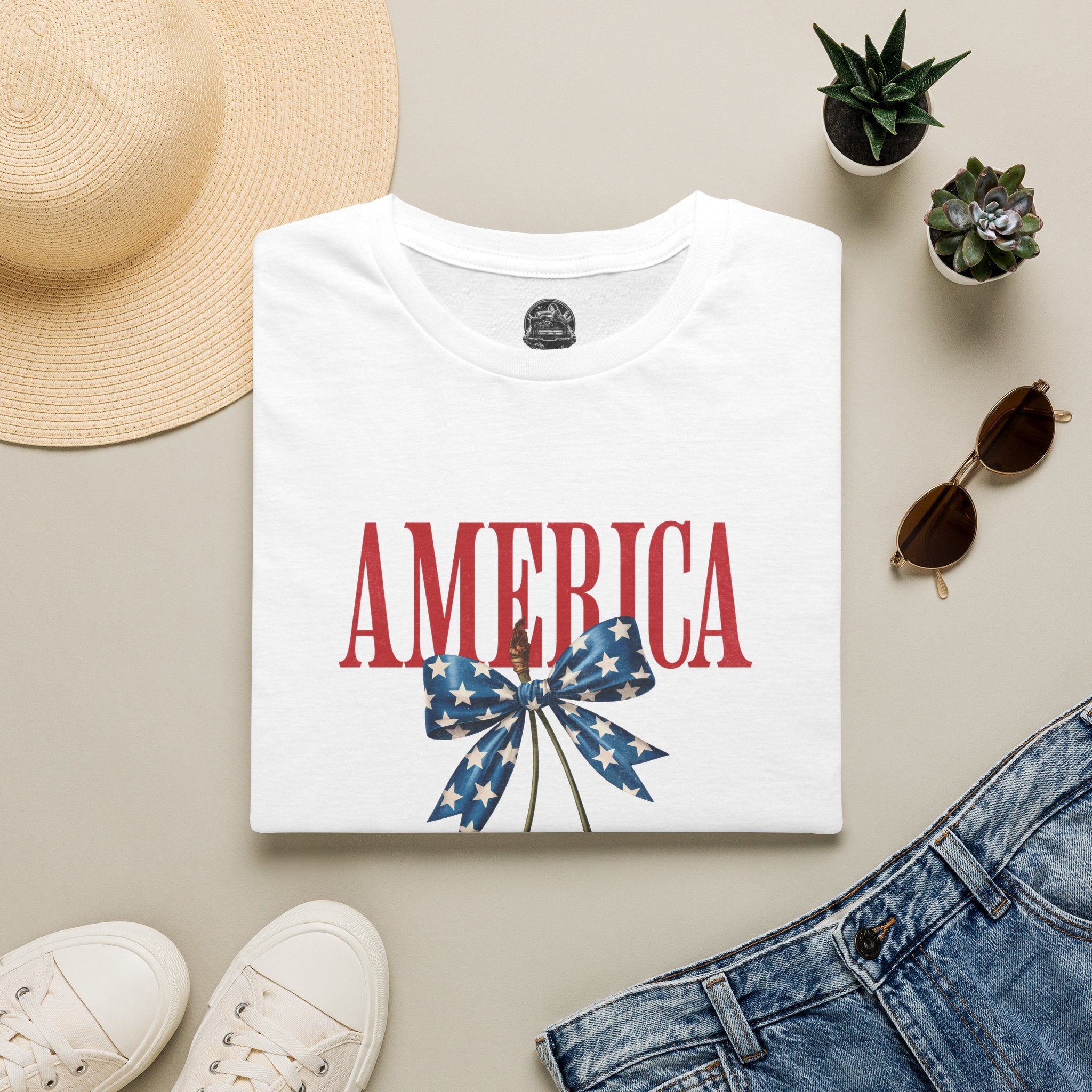 America Cherry Graphic T‑Shirt — Patriotic Stars & Stripes Bow Tee