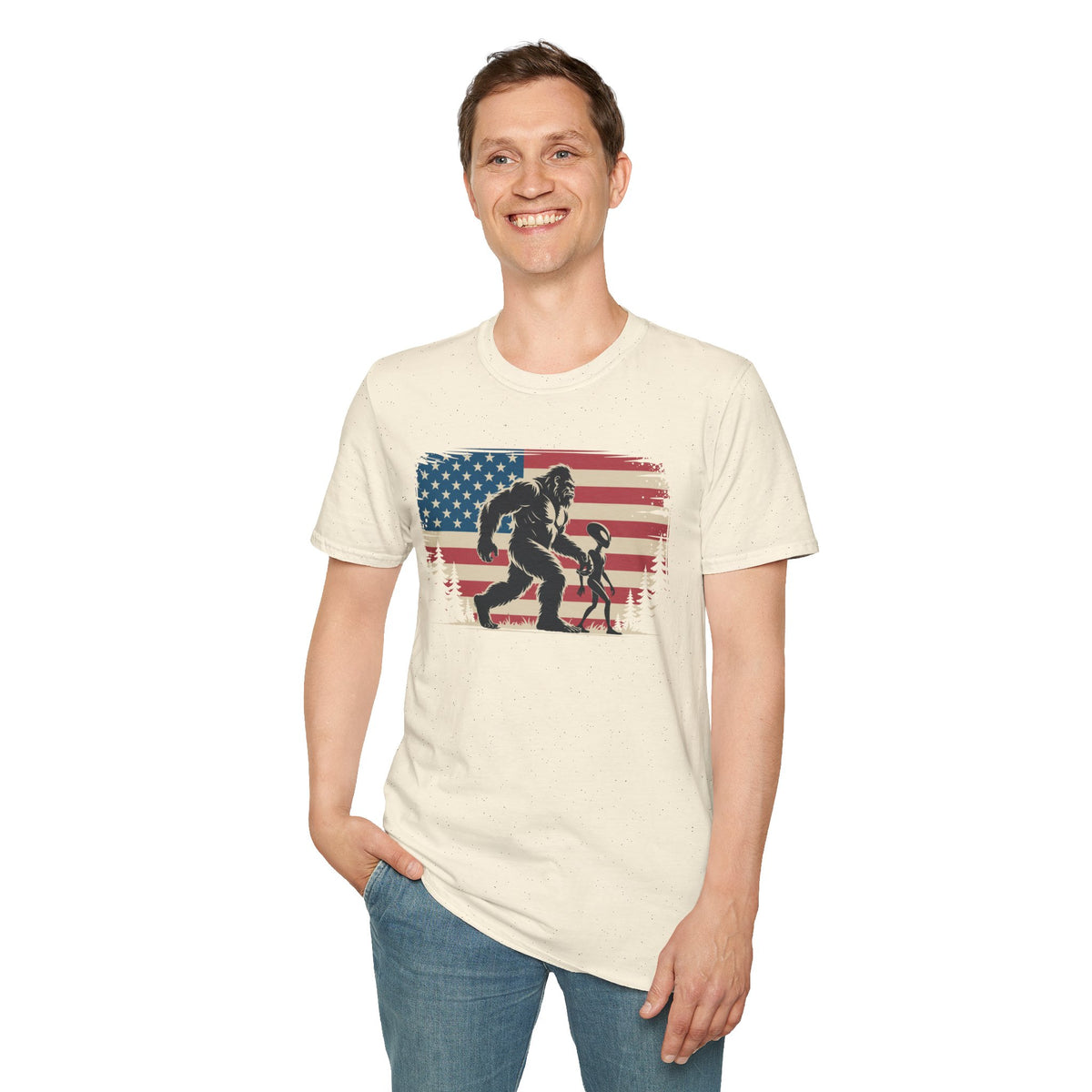 Bigfoot & Alien Patriotic T-Shirt — Distressed Flag Cryptid Design