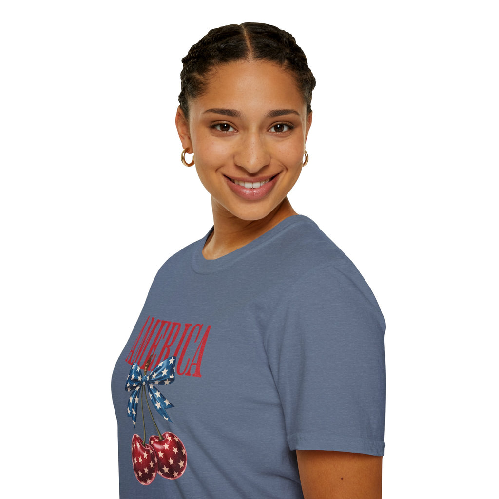 America Cherry Graphic T‑Shirt — Patriotic Stars & Stripes Bow Tee
