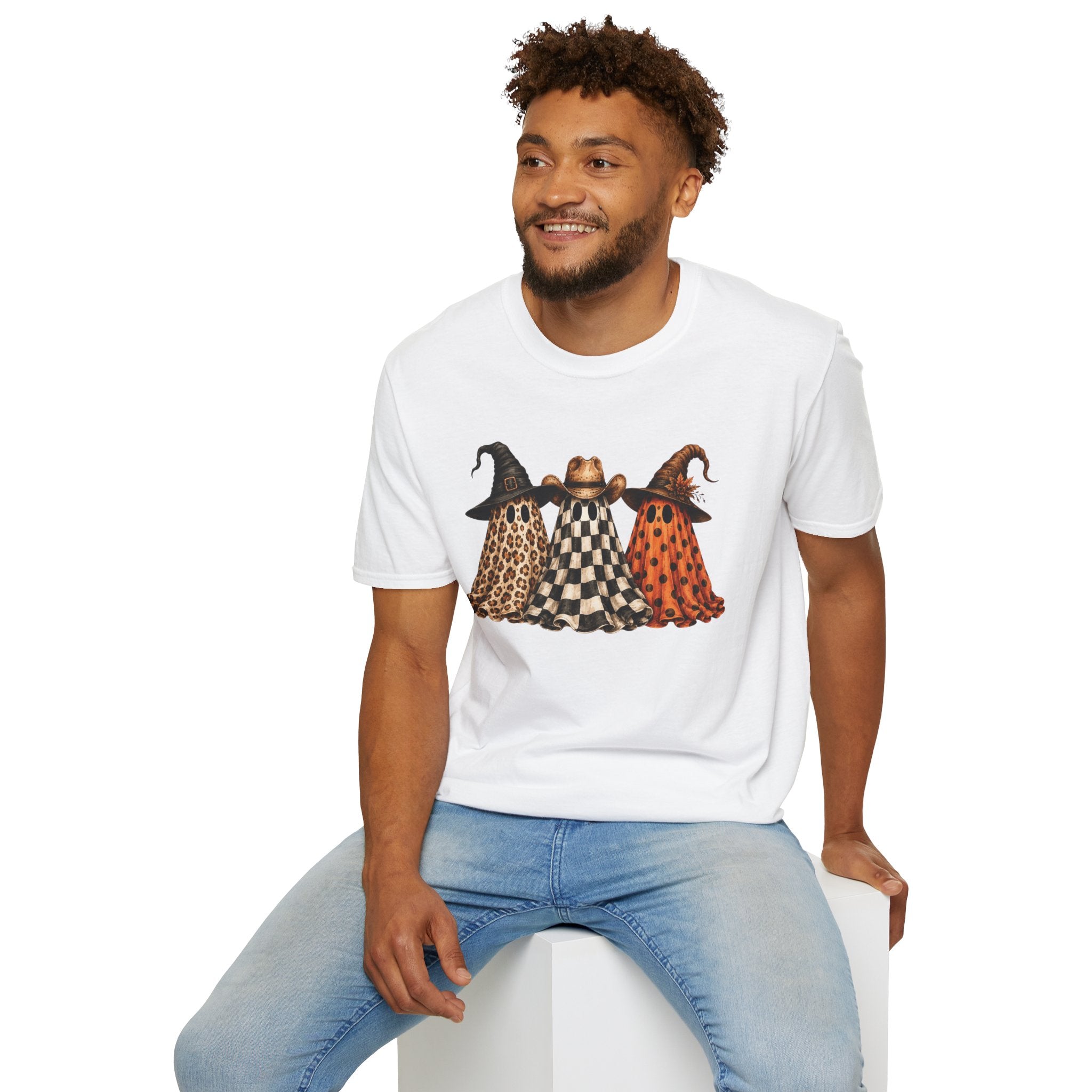 Halloween Ghost Trio T-Shirt — Leopard, Checker & Pumpkin Hat Design