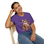 Patchwork Floral Ghost Halloween Shirt | Quilted Boho Ghost with Pumpkin and Bats