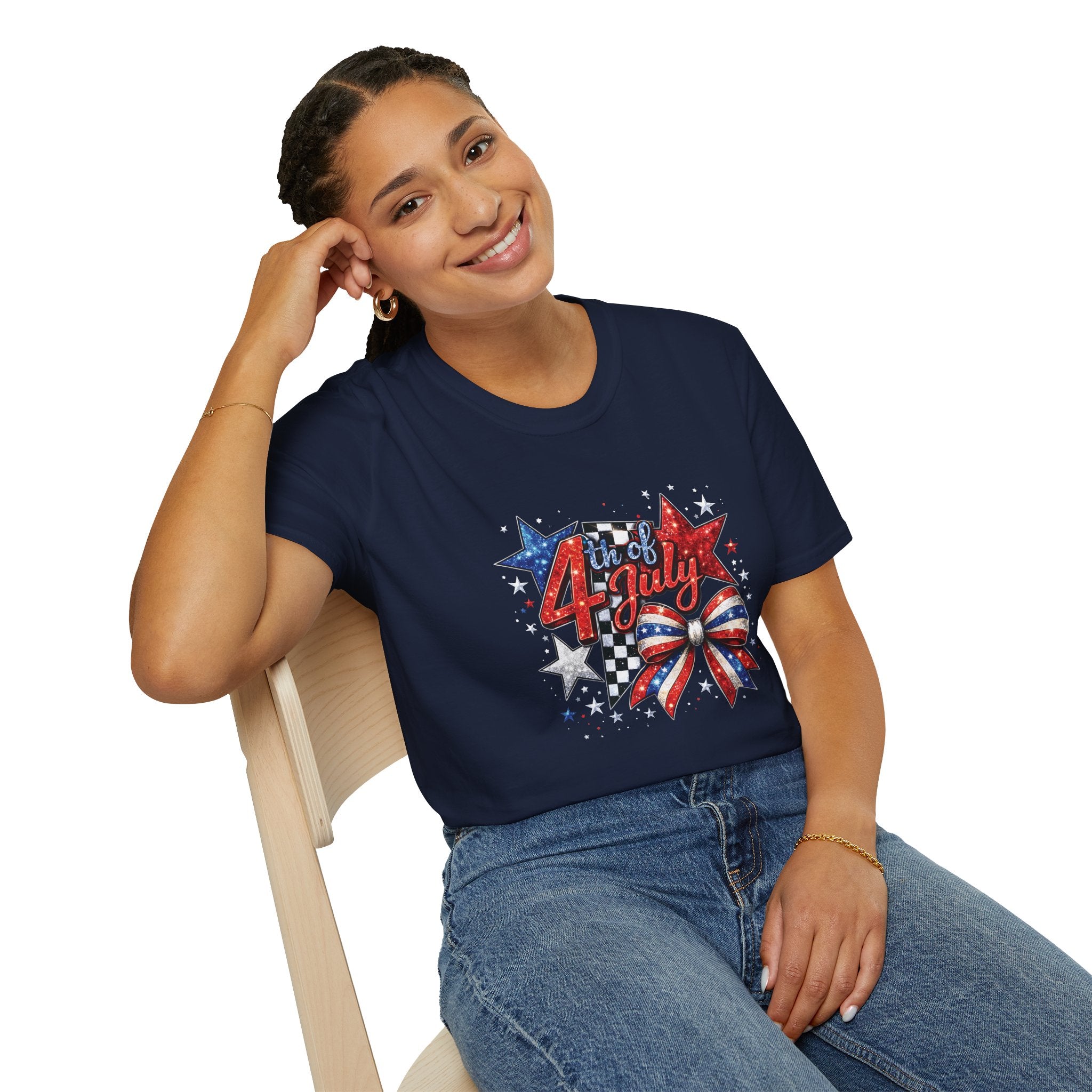 4th of July Patriotic T-Shirt – Red White Blue Stars & Bow Design