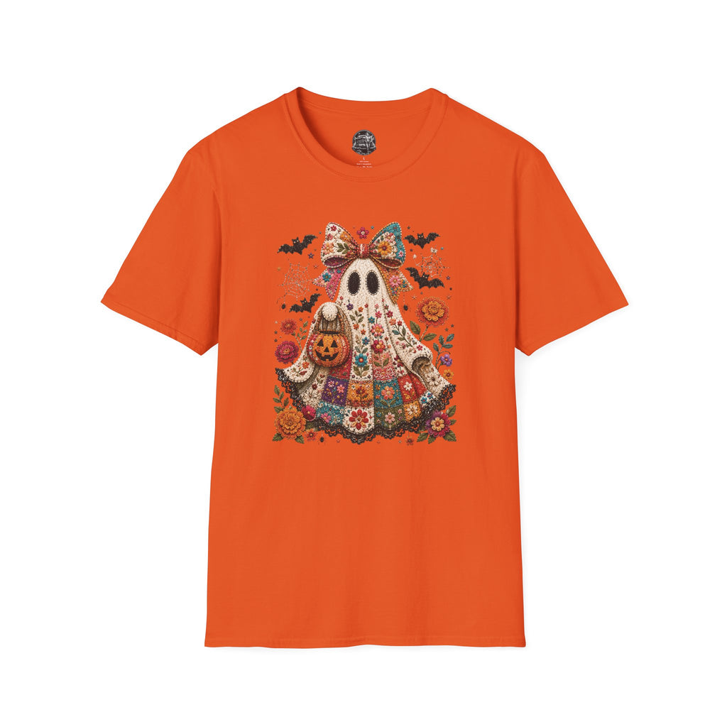 Patchwork Floral Ghost Halloween Shirt | Quilted Boho Ghost with Pumpkin and Bats
