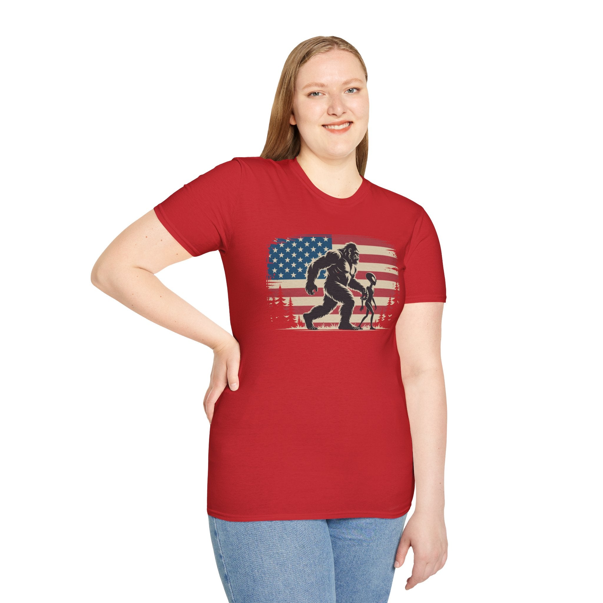 Bigfoot & Alien Patriotic T-Shirt — Distressed Flag Cryptid Design