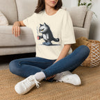 Cat Coffee T-Shirt — Grumpy Cat Holding Mug Illustration