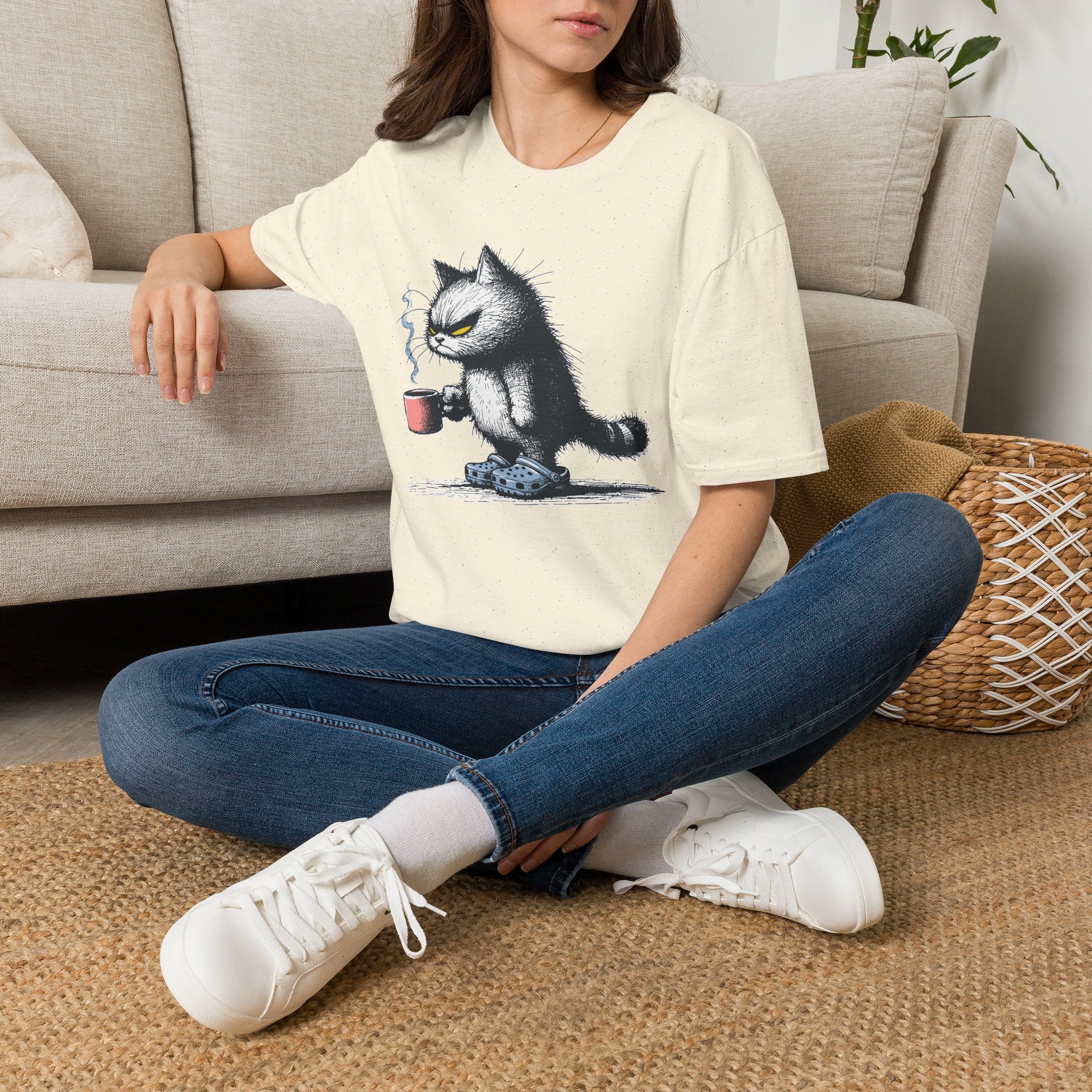 Cat Coffee T-Shirt — Grumpy Cat Holding Mug Illustration