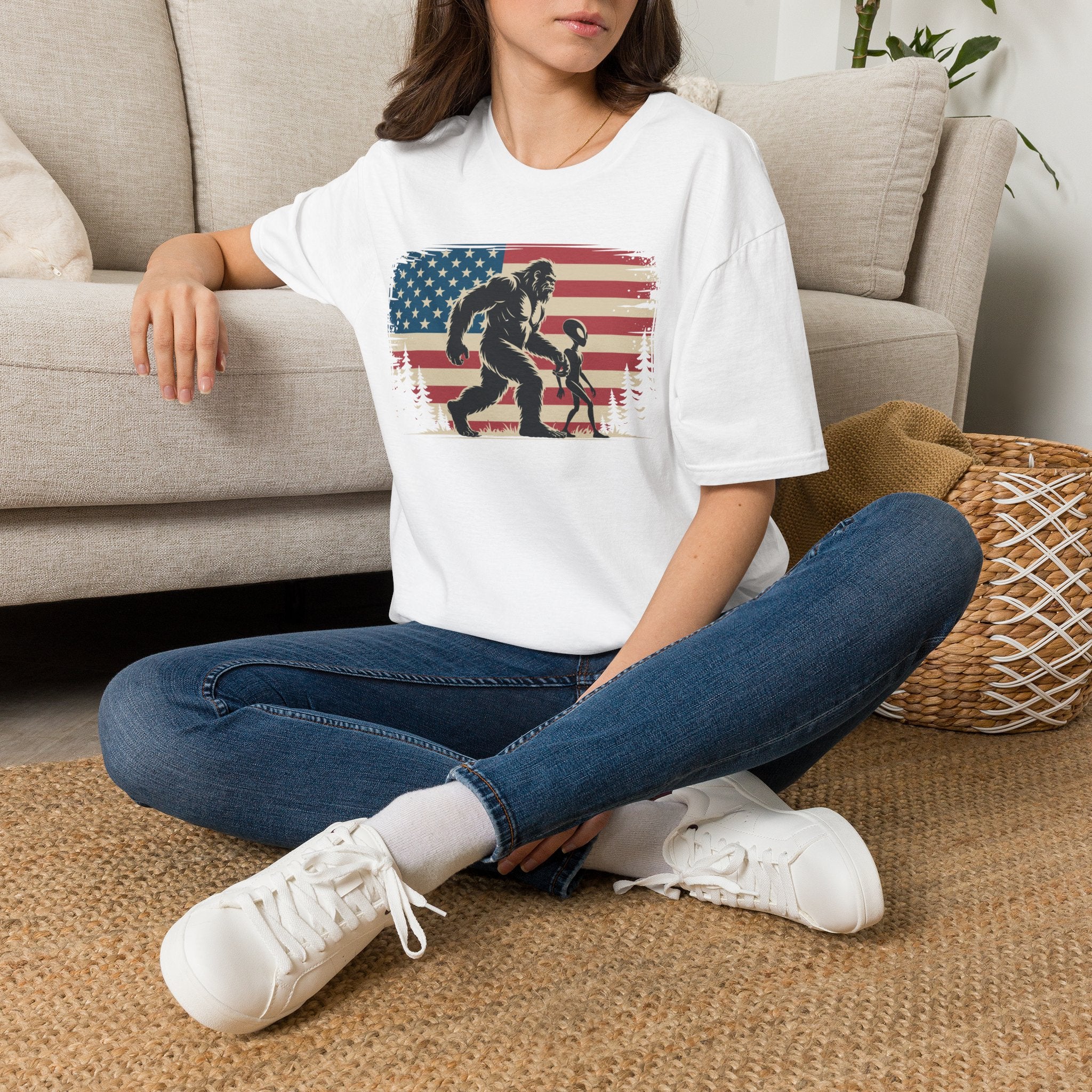 Bigfoot & Alien Patriotic T-Shirt — Distressed Flag Cryptid Design