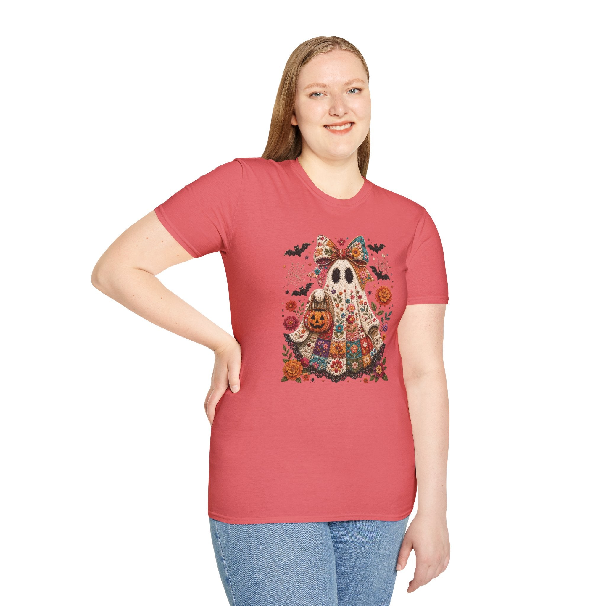 Patchwork Floral Ghost Halloween Shirt | Quilted Boho Ghost with Pumpkin and Bats