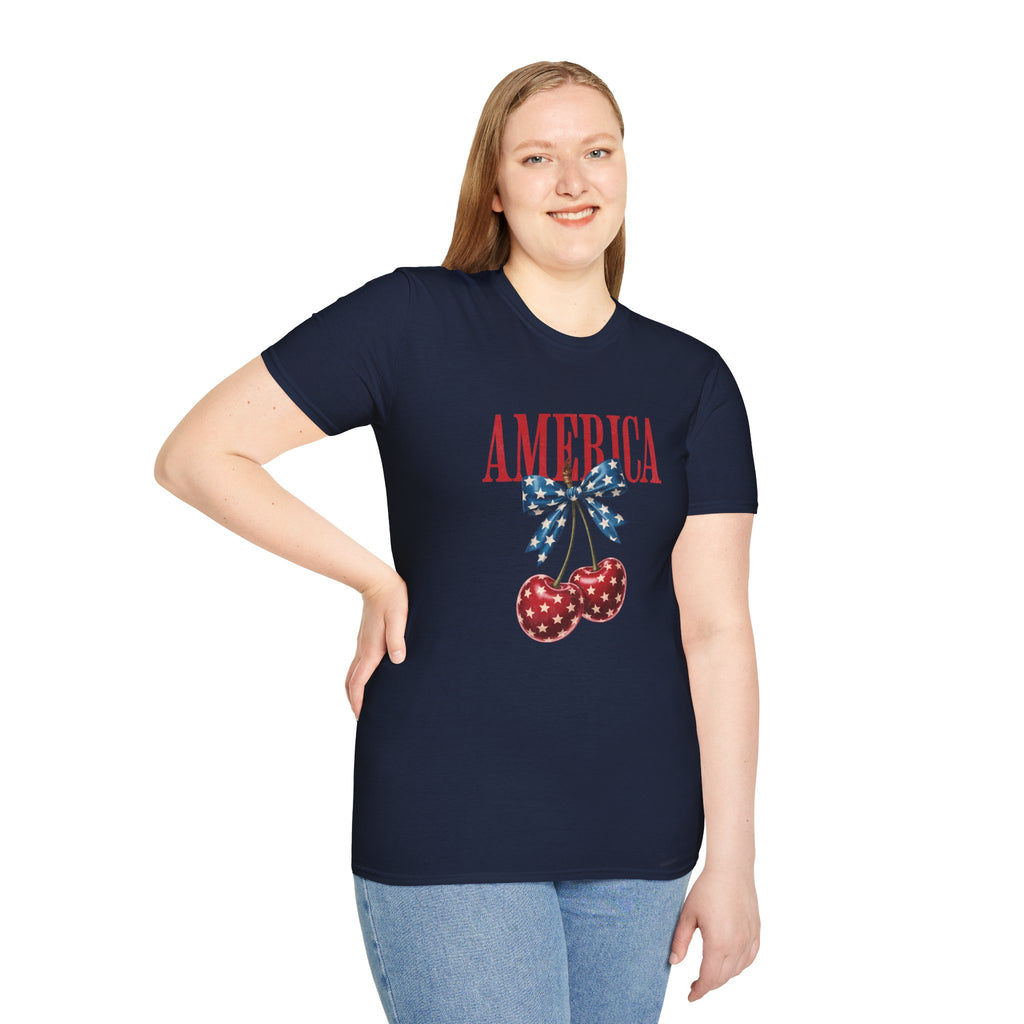 America Cherry Graphic T‑Shirt — Patriotic Stars & Stripes Bow Tee