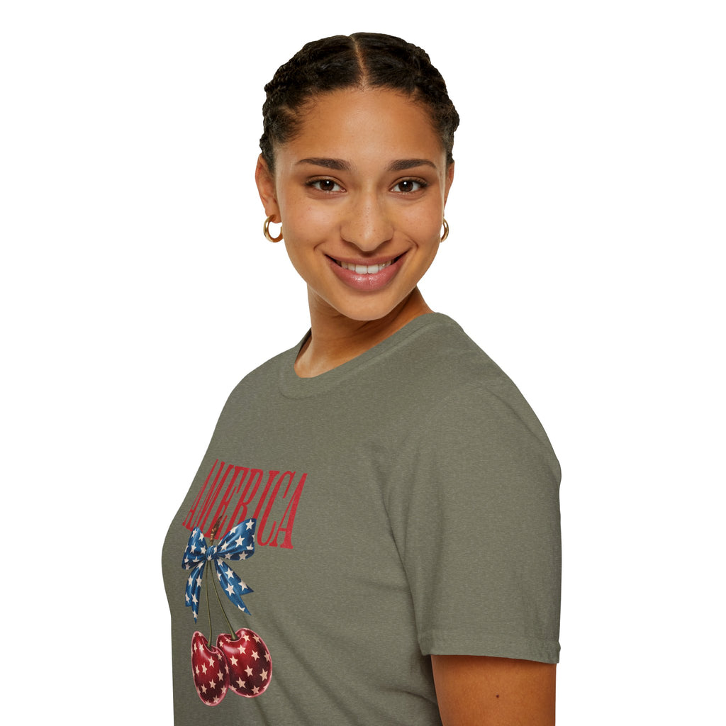 America Cherry Graphic T‑Shirt — Patriotic Stars & Stripes Bow Tee