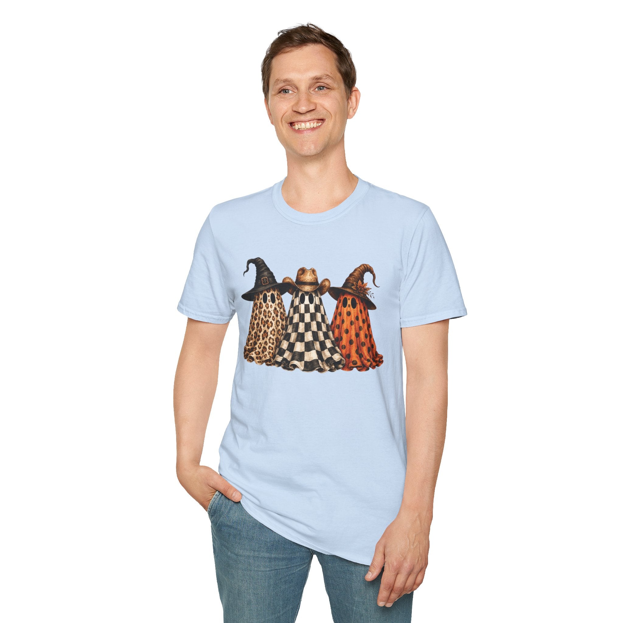 Halloween Ghost Trio T-Shirt — Leopard, Checker & Pumpkin Hat Design