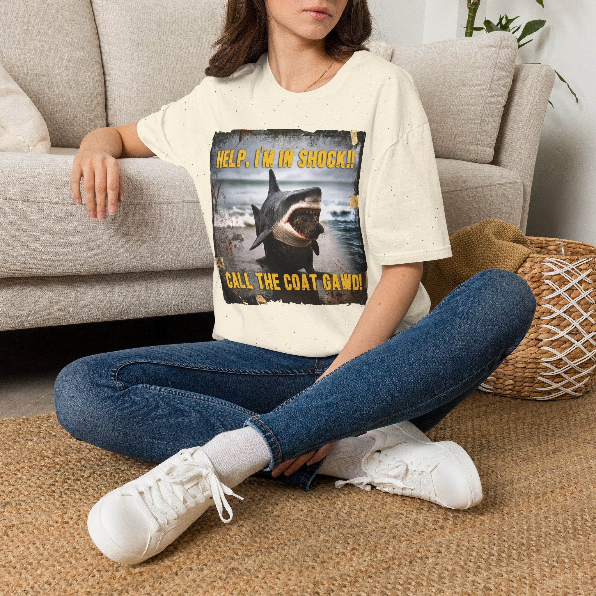 Shark Graphic T-Shirt — "Help, I'm in Shock!" Funny Beachwear