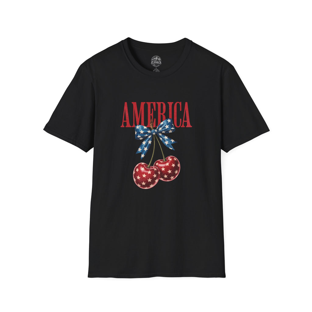 America Cherry Graphic T‑Shirt — Patriotic Stars & Stripes Bow Tee