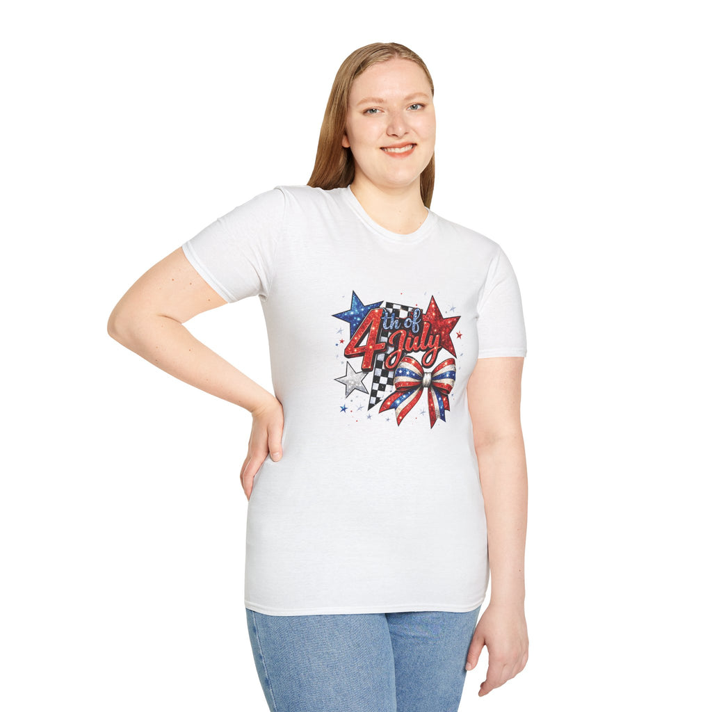 4th of July Patriotic T-Shirt – Red White Blue Stars & Bow Design