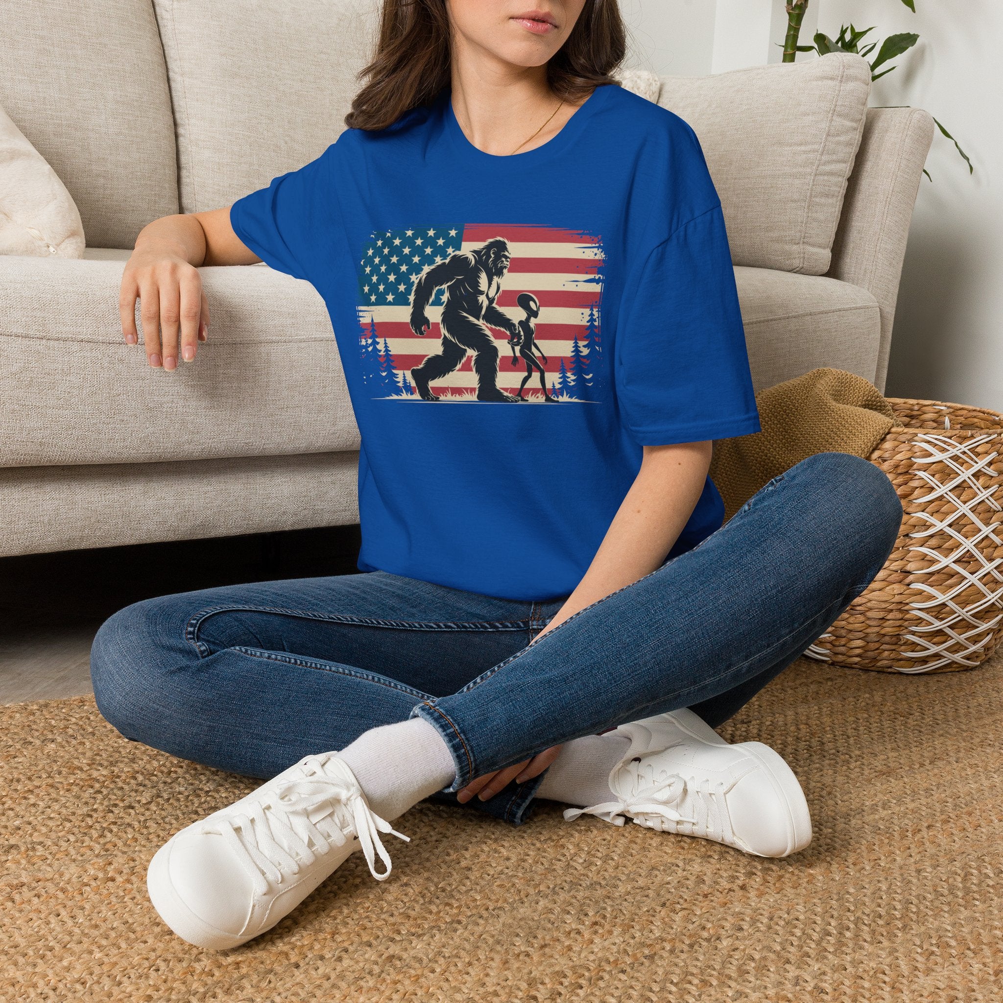 Bigfoot & Alien Patriotic T-Shirt — Distressed Flag Cryptid Design