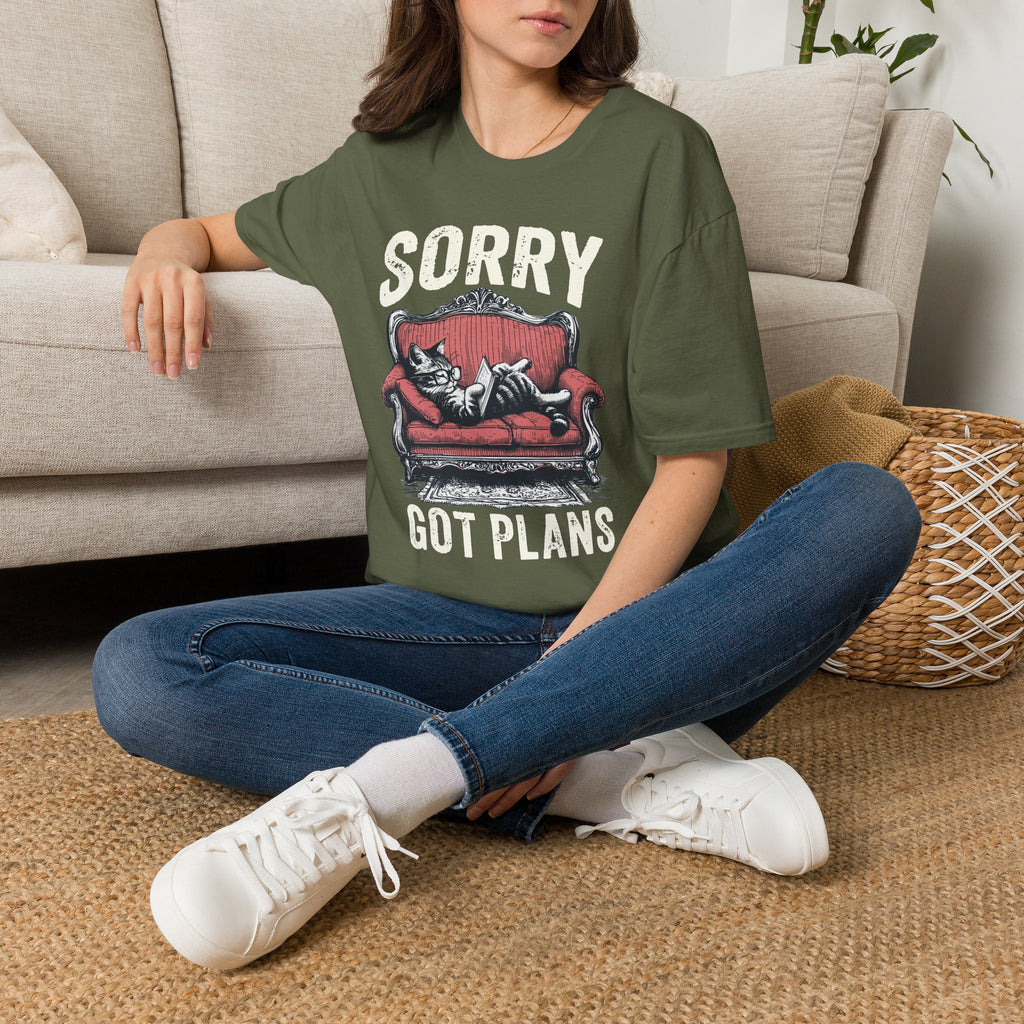 Sorry, Got Plans T‑Shirt — Cat on Couch Funny Lazy Day Tee