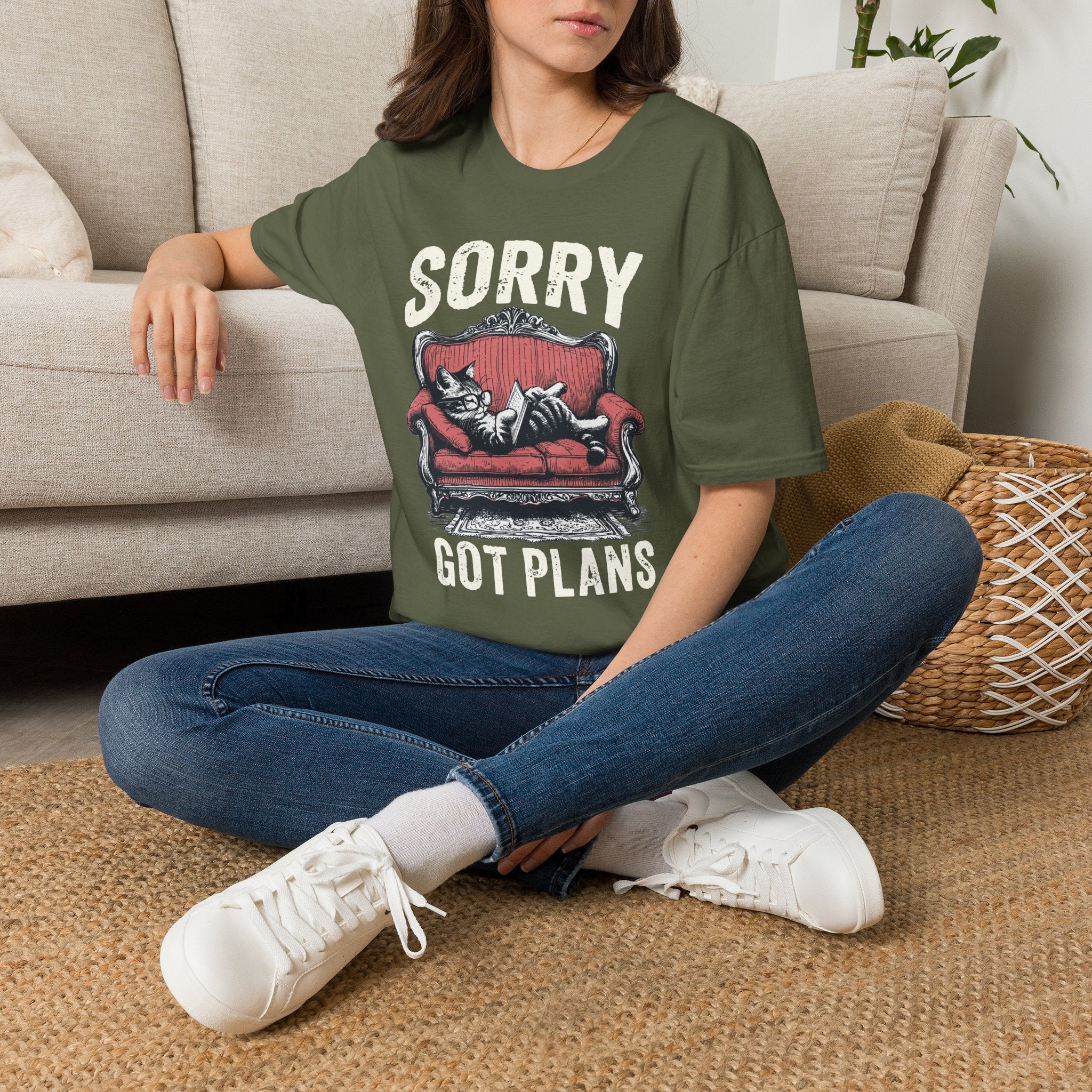 Sorry, Got Plans T‑Shirt — Cat on Couch Funny Lazy Day Tee