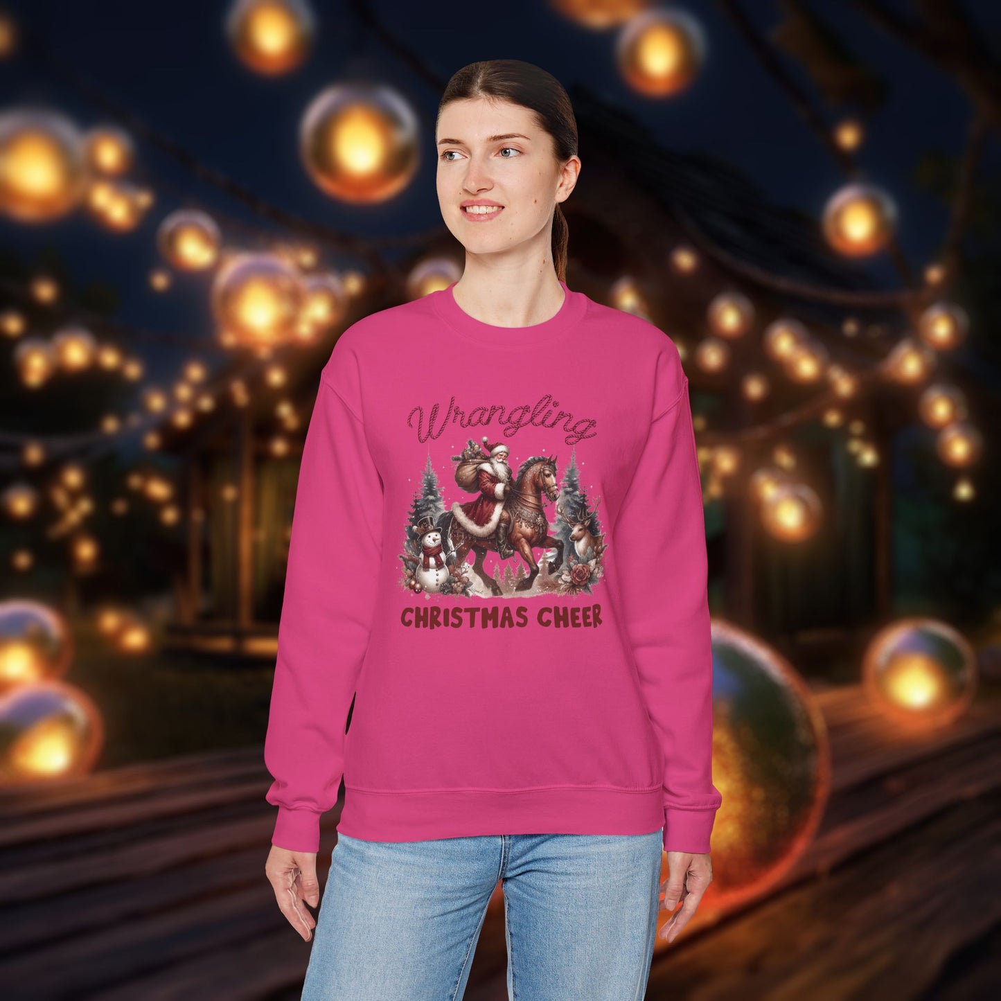 Christmas Western Sweatshirt with Santa on Horse and Snowman