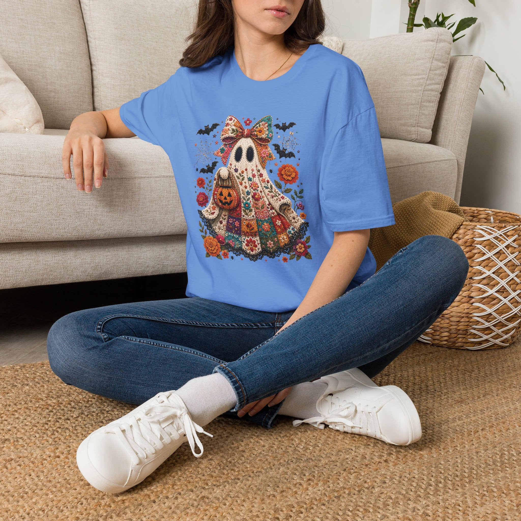 Patchwork Floral Ghost Halloween Shirt | Quilted Boho Ghost with Pumpkin and Bats