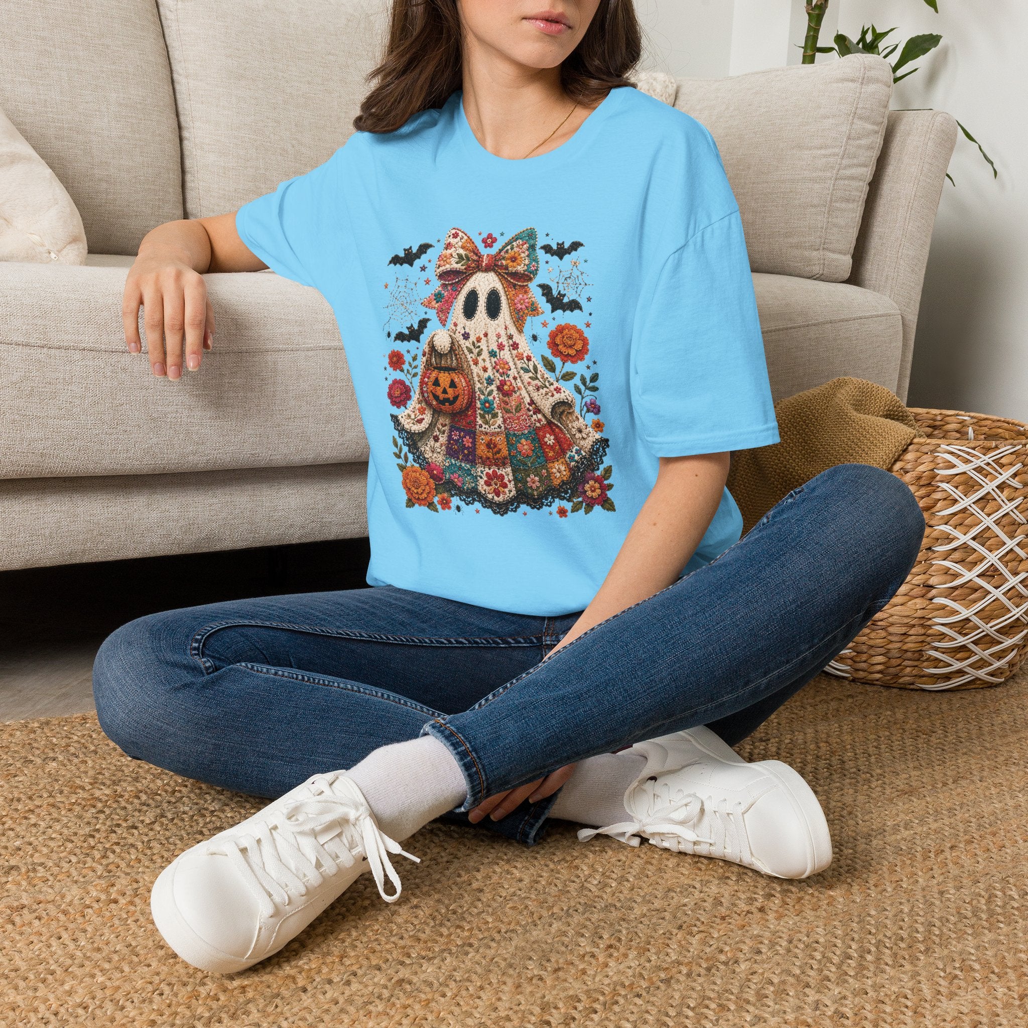 Patchwork Floral Ghost Halloween Shirt | Quilted Boho Ghost with Pumpkin and Bats