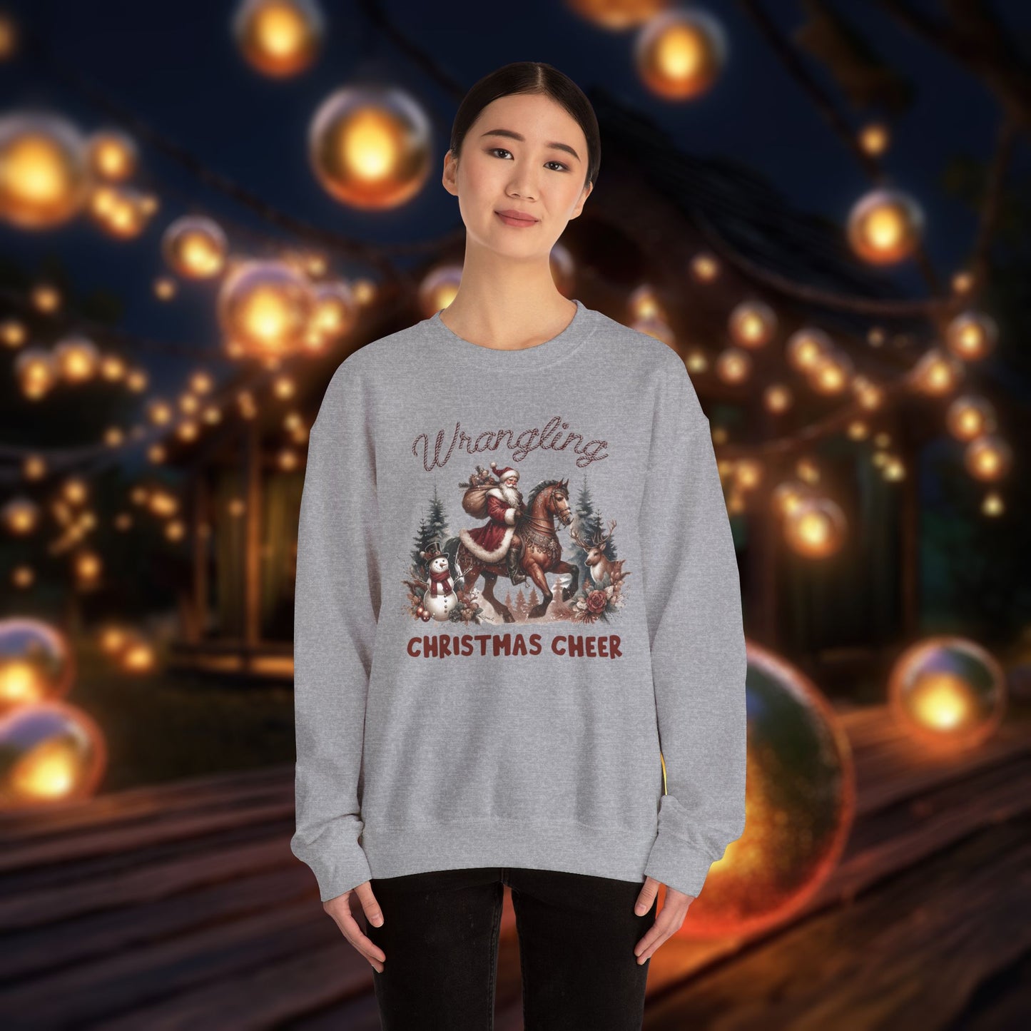 Christmas Western Sweatshirt with Santa on Horse and Snowman