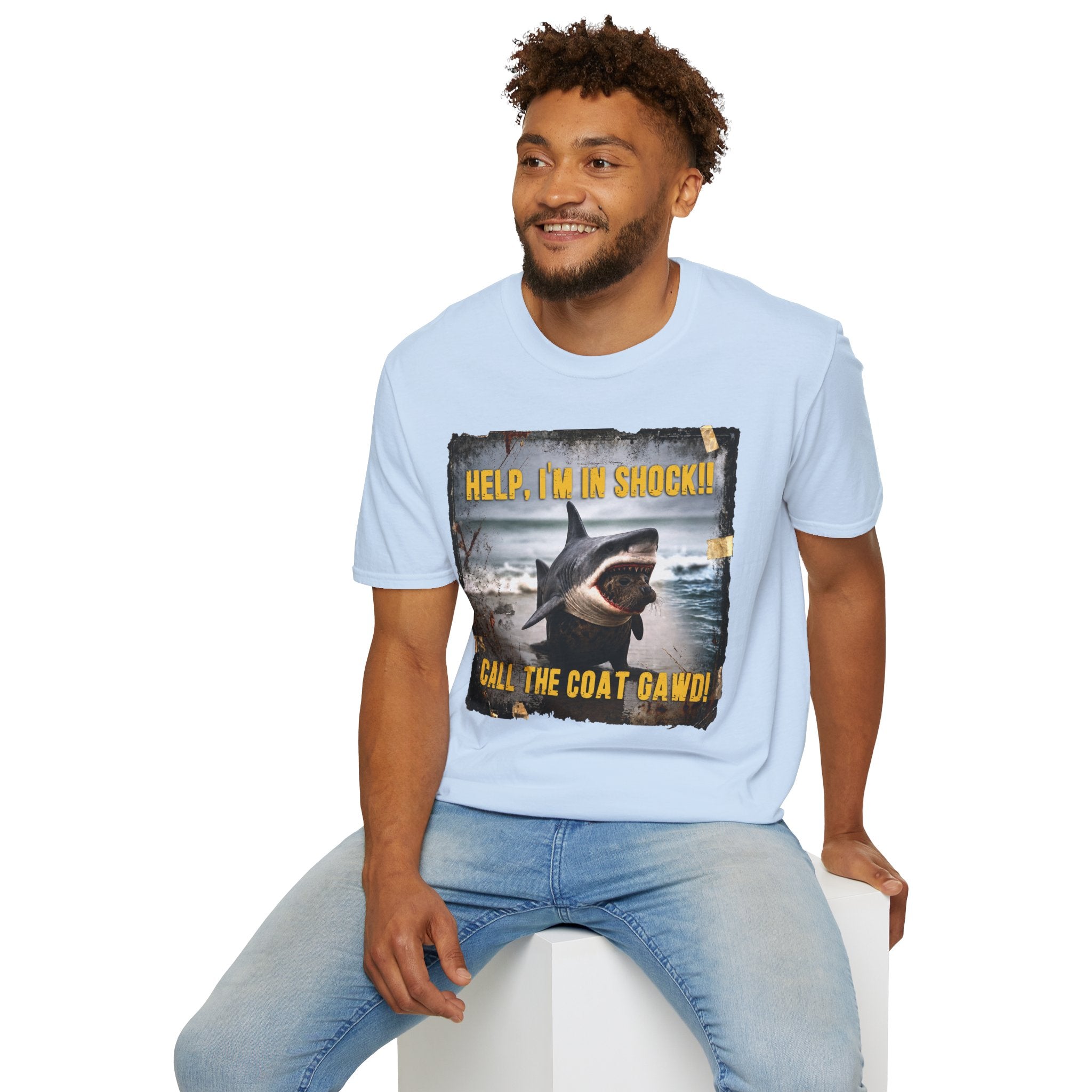 Shark Graphic T-Shirt — "Help, I'm in Shock!" Funny Beachwear