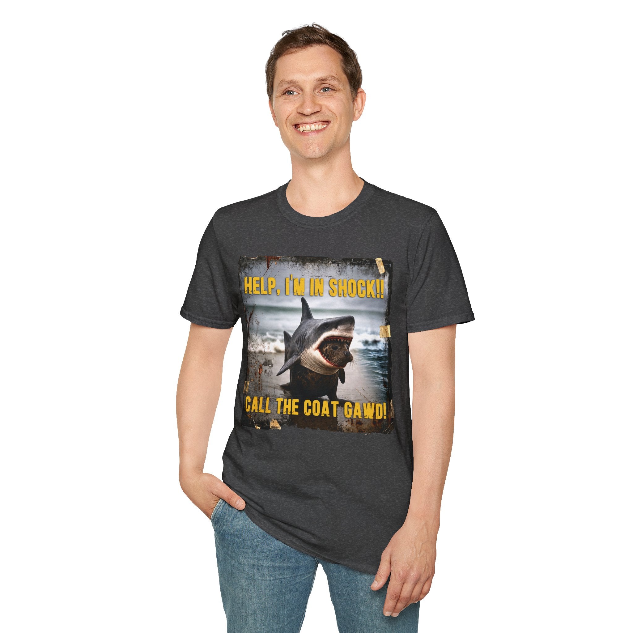 Shark Graphic T-Shirt — "Help, I'm in Shock!" Funny Beachwear