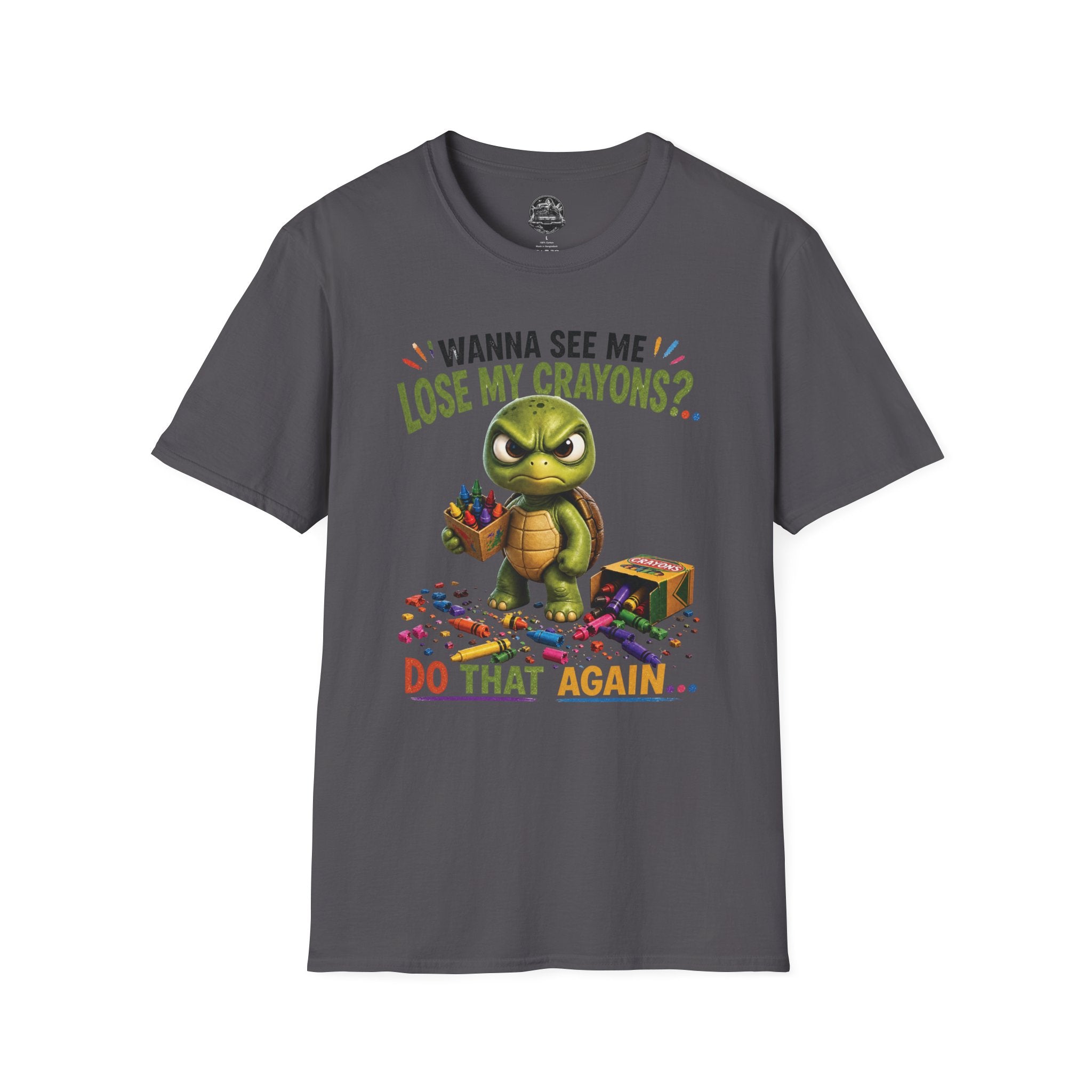 Funny Angry Turtle T-Shirt — “Wanna See Me Lose My Crayons? Do That Again…” — Teacher & Art Lover Tee