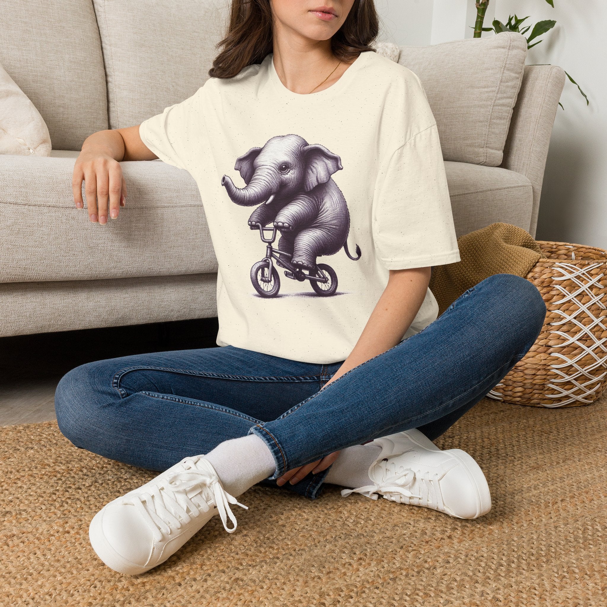 Cute Elephant on Bicycle T-Shirt — Whimsical Vintage Baby Elephant Graphic Tee