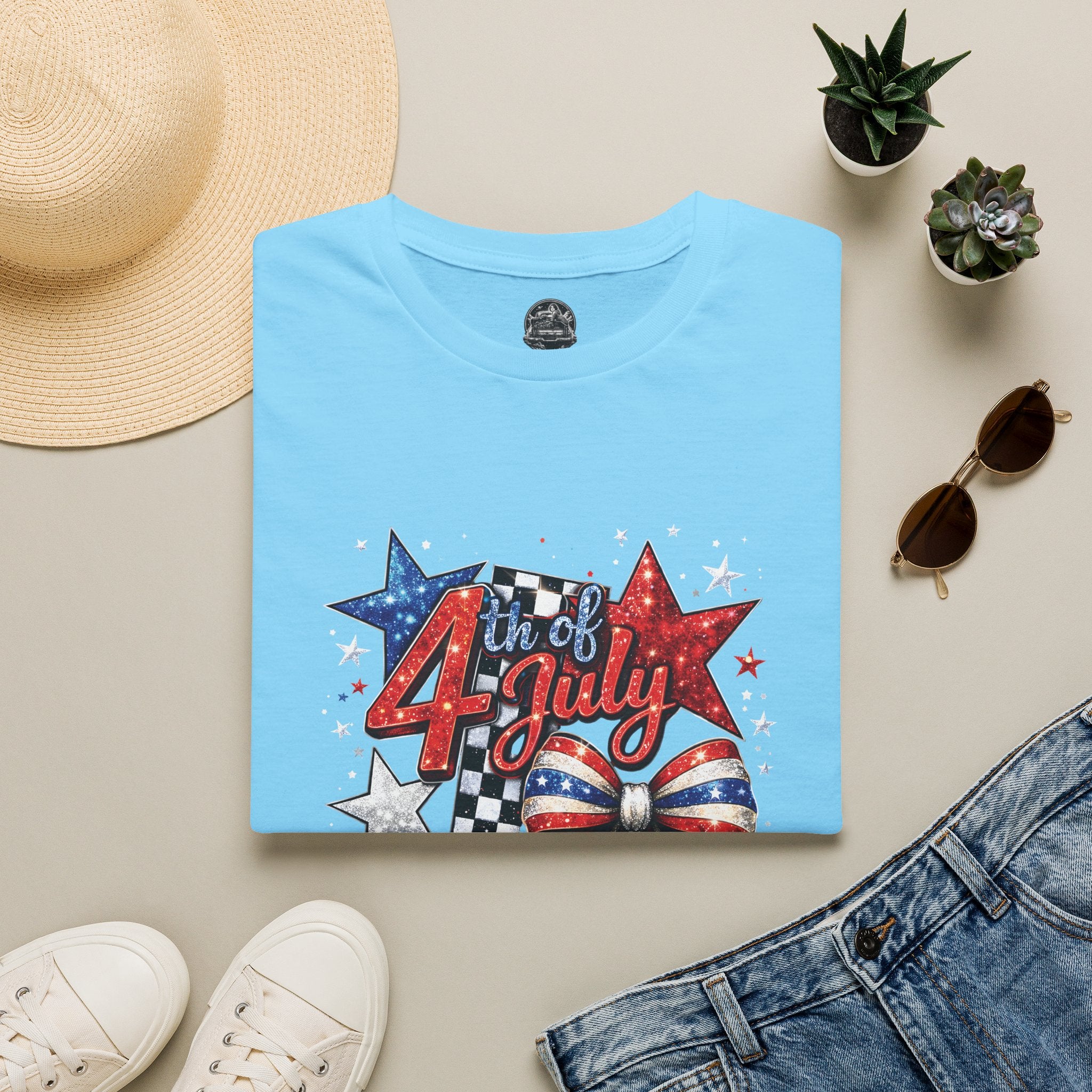 4th of July Patriotic T-Shirt – Red White Blue Stars & Bow Design