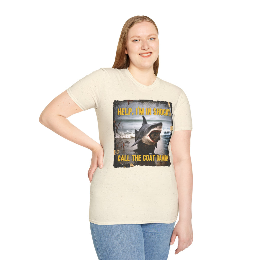 Shark Graphic T-Shirt — "Help, I'm in Shock!" Funny Beachwear