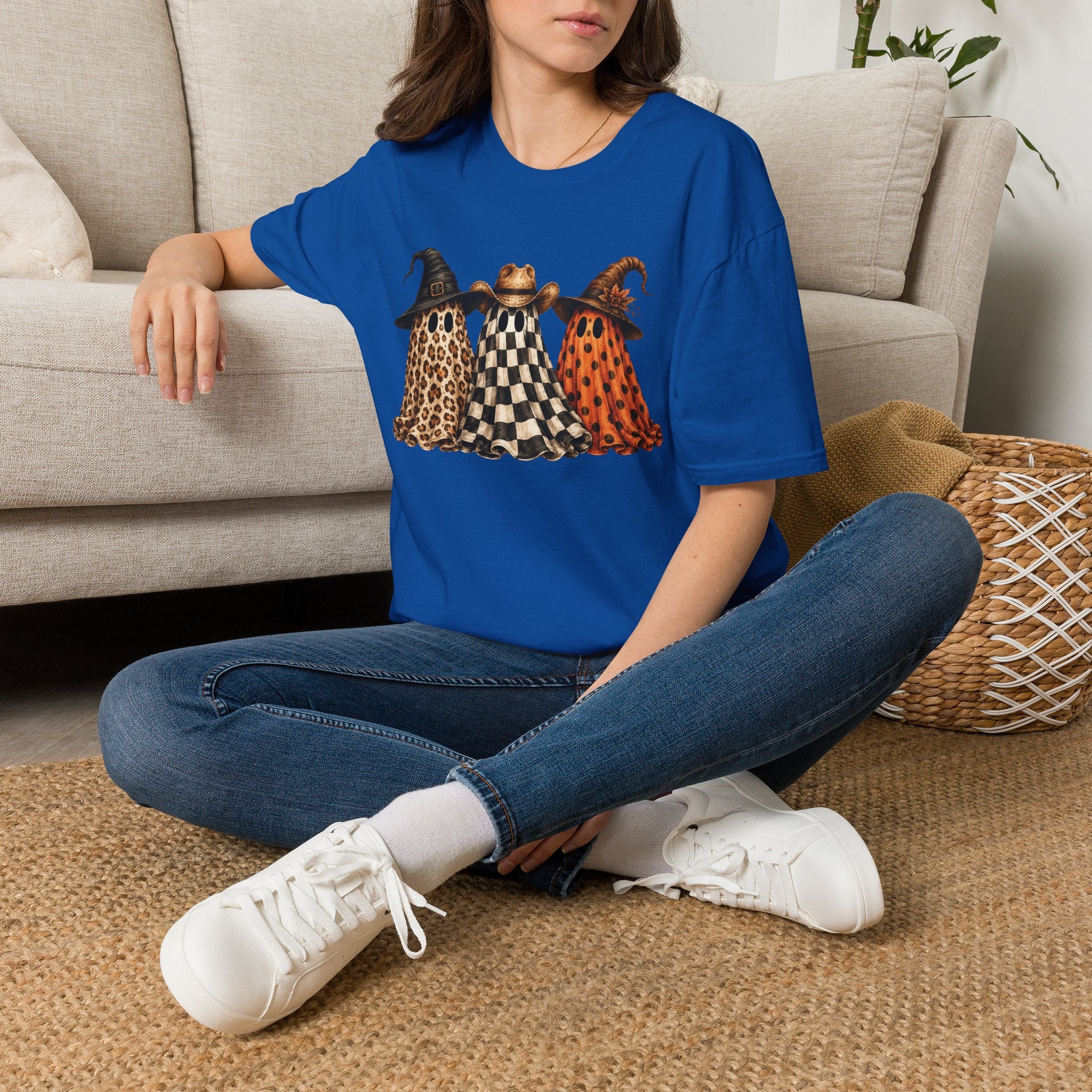 Halloween Ghost Trio T-Shirt — Leopard, Checker & Pumpkin Hat Design