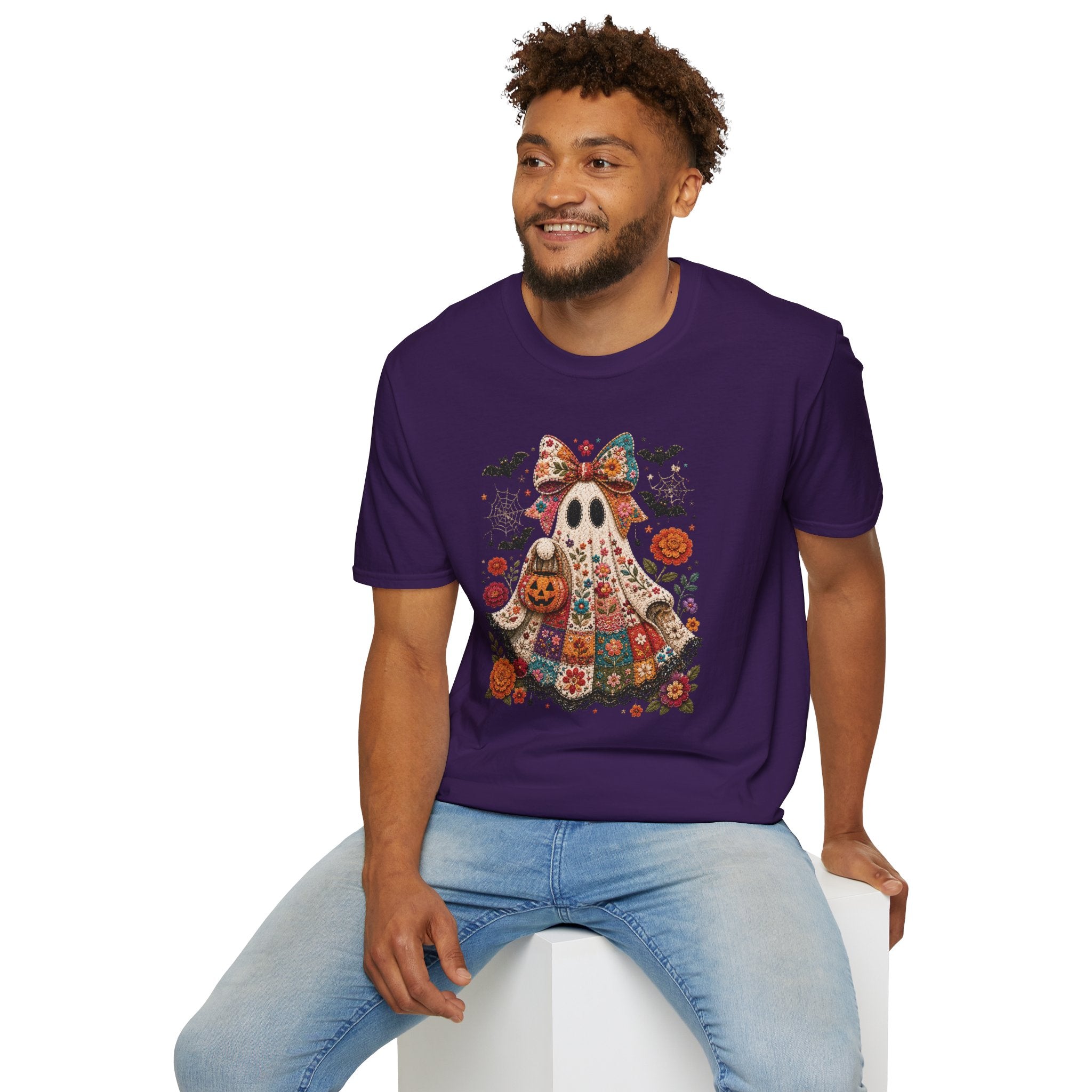 Patchwork Floral Ghost Halloween Shirt | Quilted Boho Ghost with Pumpkin and Bats