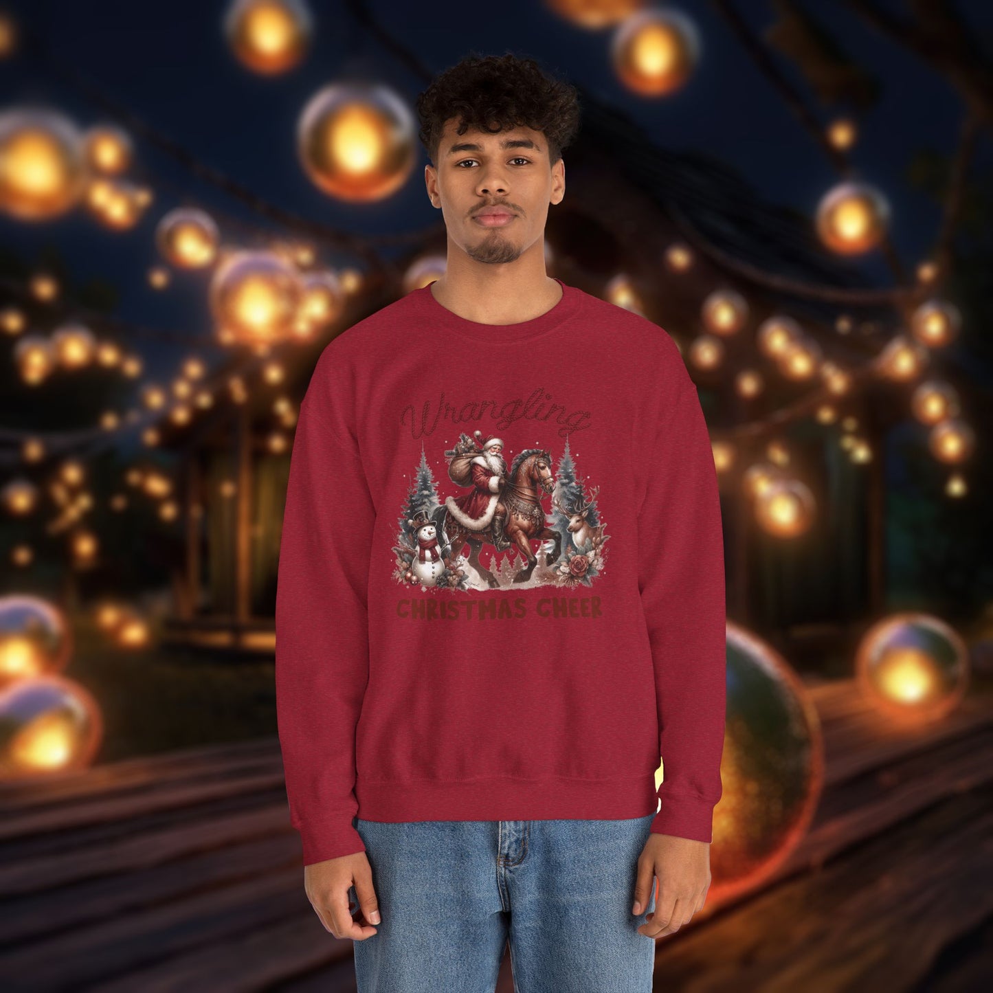 Christmas Western Sweatshirt with Santa on Horse and Snowman