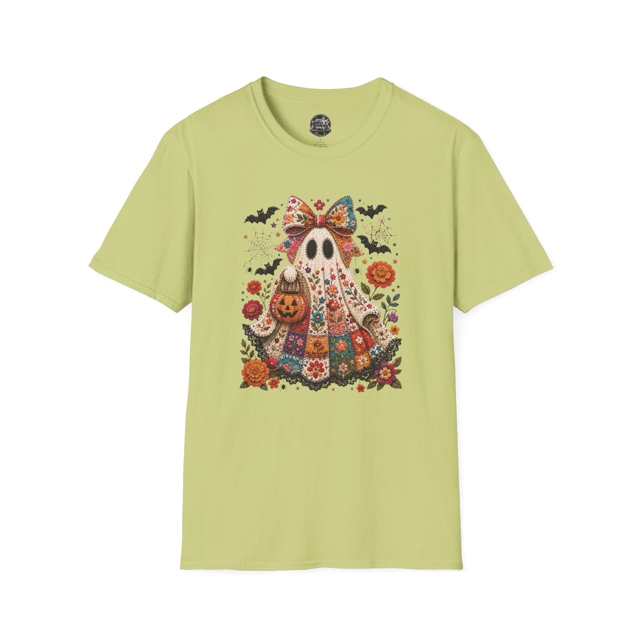 Patchwork Floral Ghost Halloween Shirt | Quilted Boho Ghost with Pumpkin and Bats