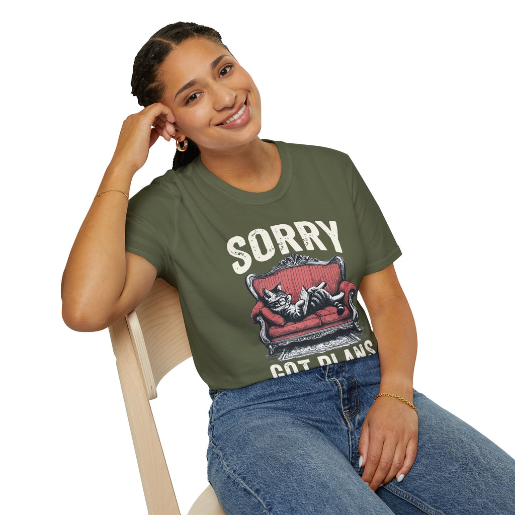 Sorry, Got Plans T‑Shirt — Cat on Couch Funny Lazy Day Tee
