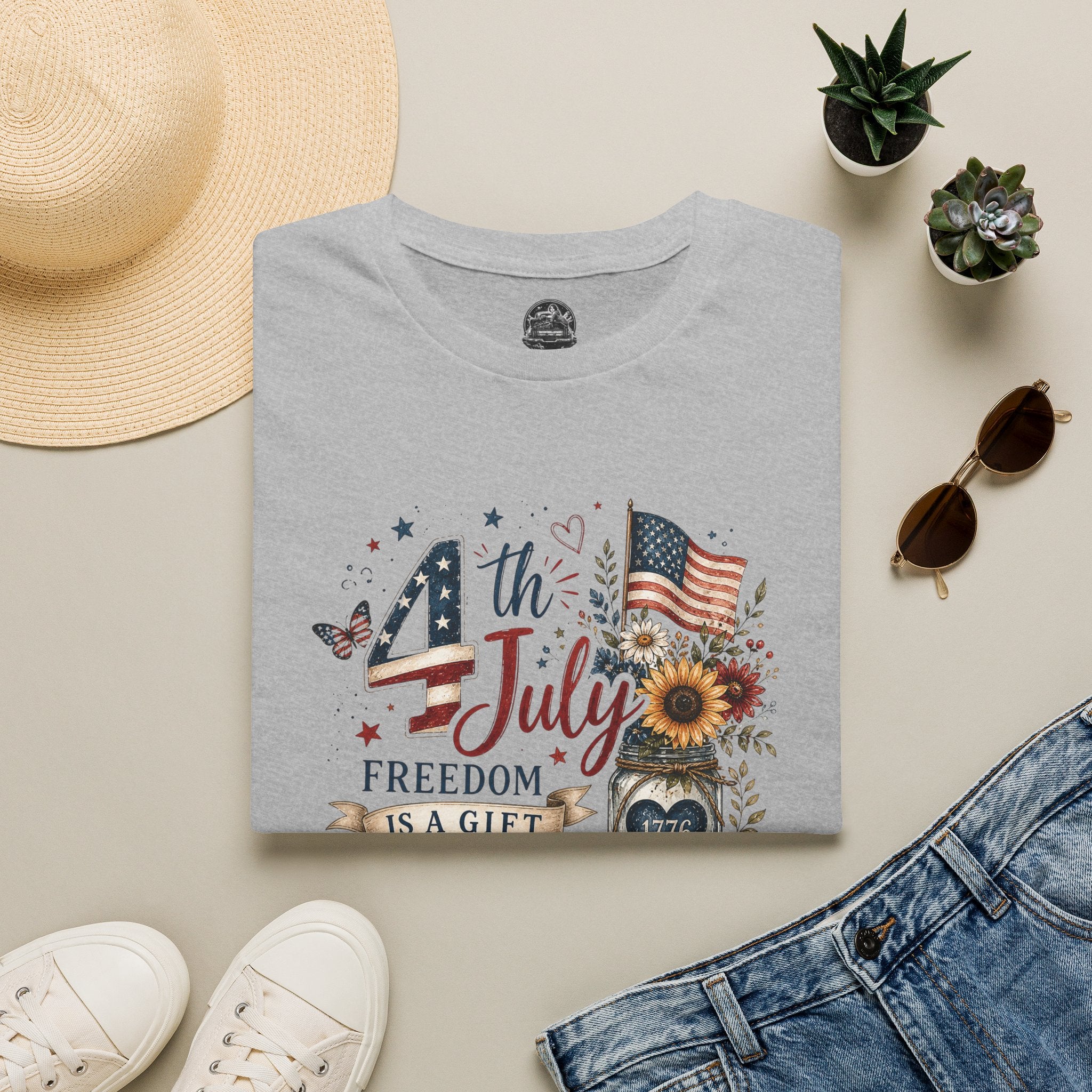 4th of July T-Shirt — "Freedom Is A Gift" Patriotic American Flag & Sunflower Tee