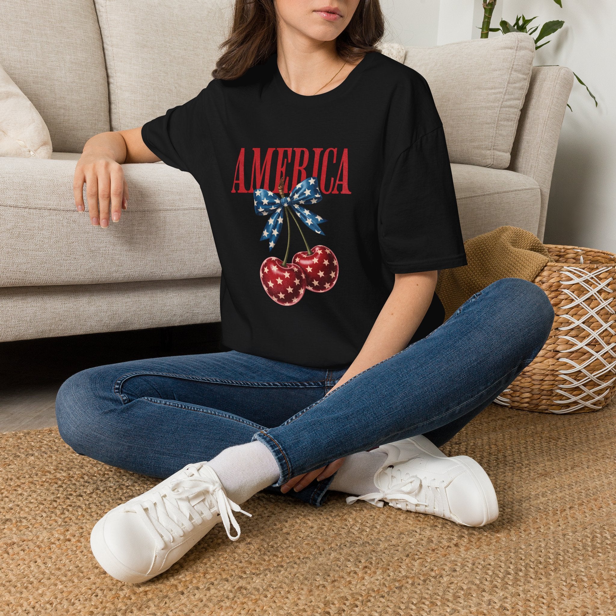 America Cherry Graphic T‑Shirt — Patriotic Stars & Stripes Bow Tee