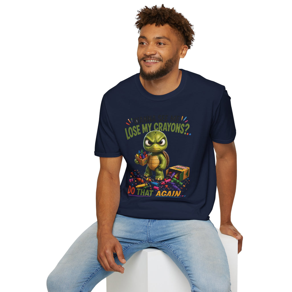 Funny Angry Turtle T-Shirt — “Wanna See Me Lose My Crayons? Do That Again…” — Teacher & Art Lover Tee
