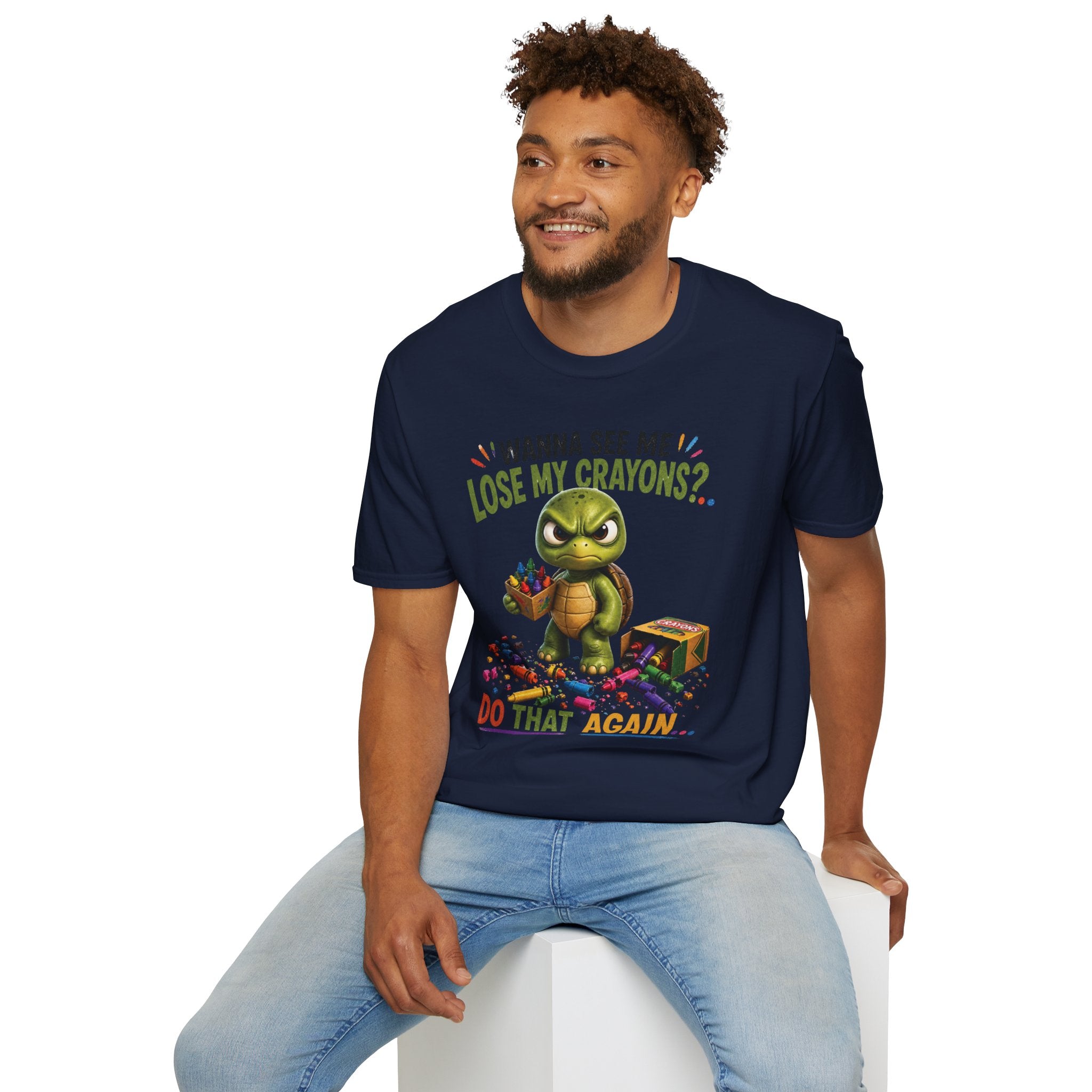 Funny Angry Turtle T-Shirt — “Wanna See Me Lose My Crayons? Do That Again…” — Teacher & Art Lover Tee