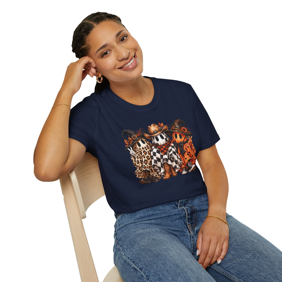 Halloween Pumpkin Crew T-Shirt — Leopard & Buffalo Plaid Spooky Friends