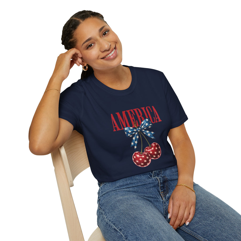 America Cherry Graphic T‑Shirt — Patriotic Stars & Stripes Bow Tee
