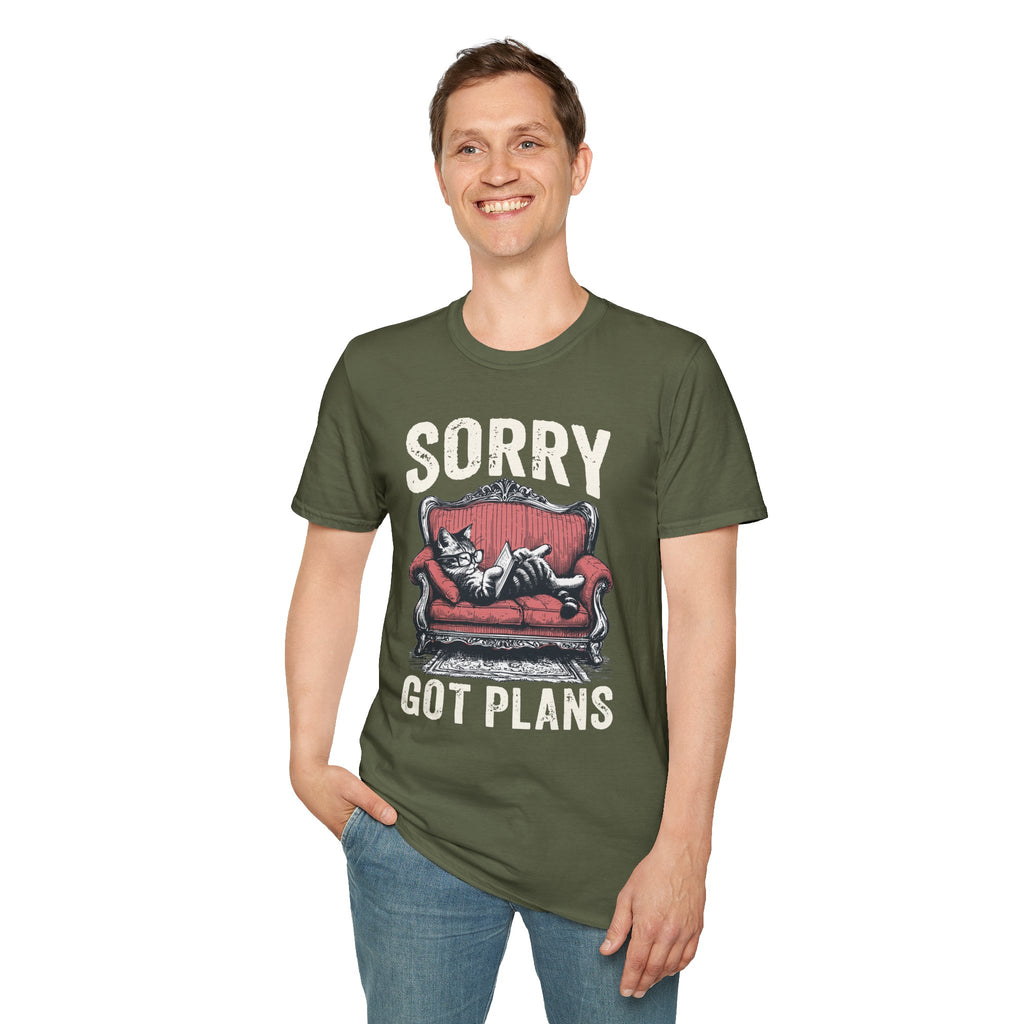 Sorry, Got Plans T‑Shirt — Cat on Couch Funny Lazy Day Tee