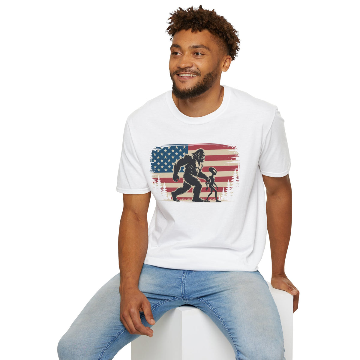 Bigfoot & Alien Patriotic T-Shirt — Distressed Flag Cryptid Design
