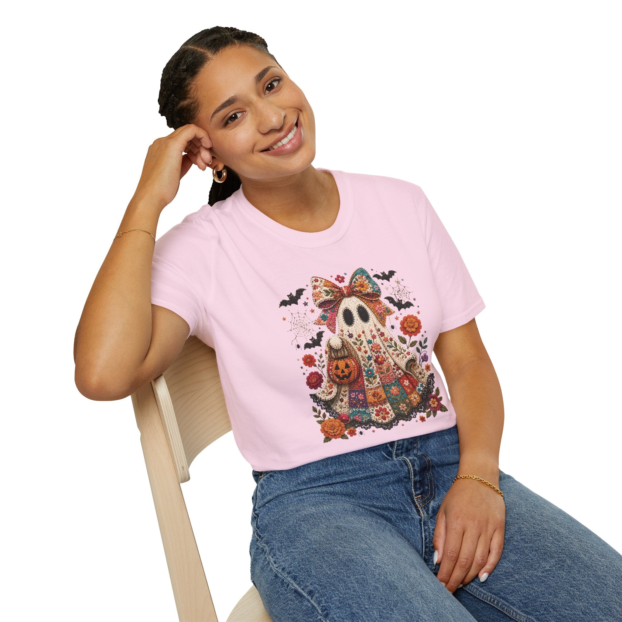Patchwork Floral Ghost Halloween Shirt | Quilted Boho Ghost with Pumpkin and Bats