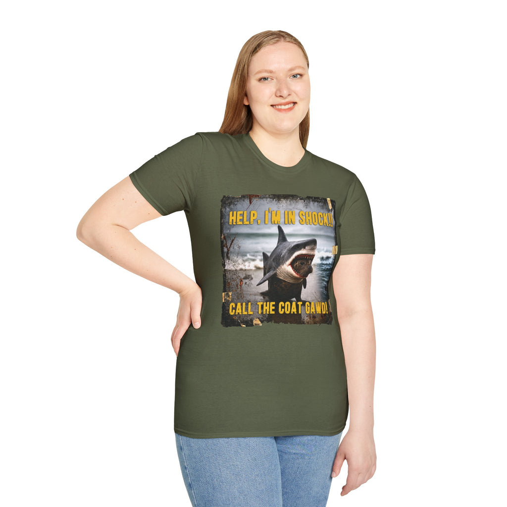 Shark Graphic T-Shirt — "Help, I'm in Shock!" Funny Beachwear