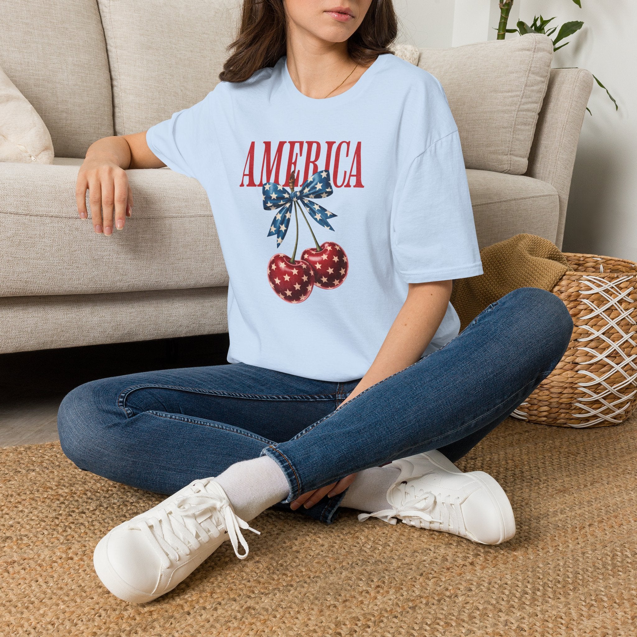 Patriotic Cherry T-Shirt — Glossy Stars & Vintage “AMERICA” Design