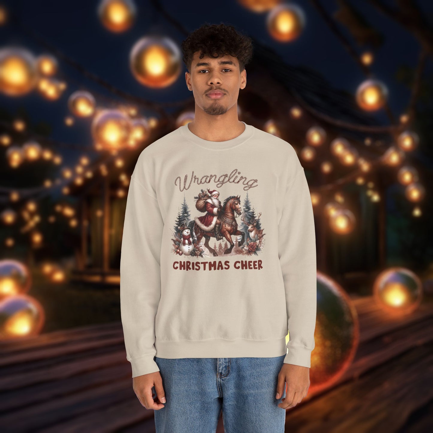 Christmas Western Sweatshirt with Santa on Horse and Snowman